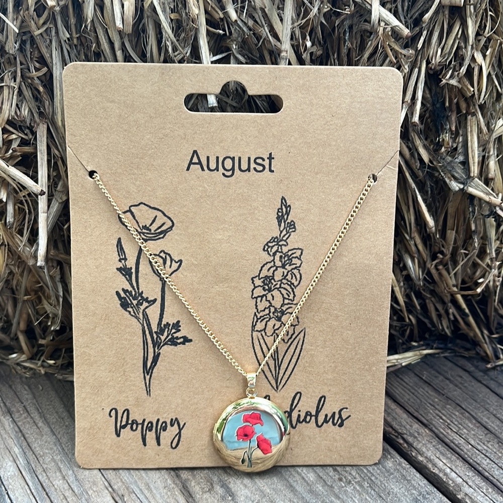 Red Poppy August Birth Flower Gold Locket Necklace